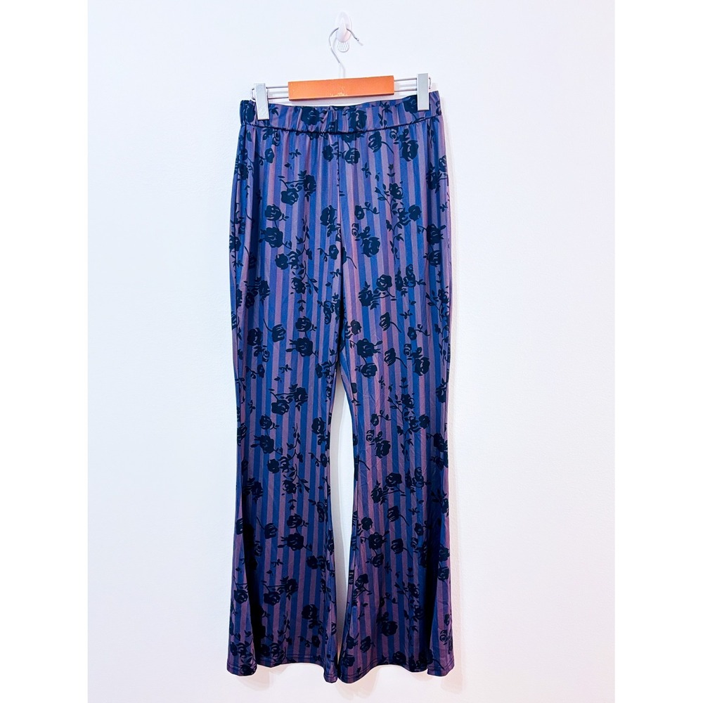 ROMWE Purple Floral Wide Leg Pants | Stretch Boho Casual | Large